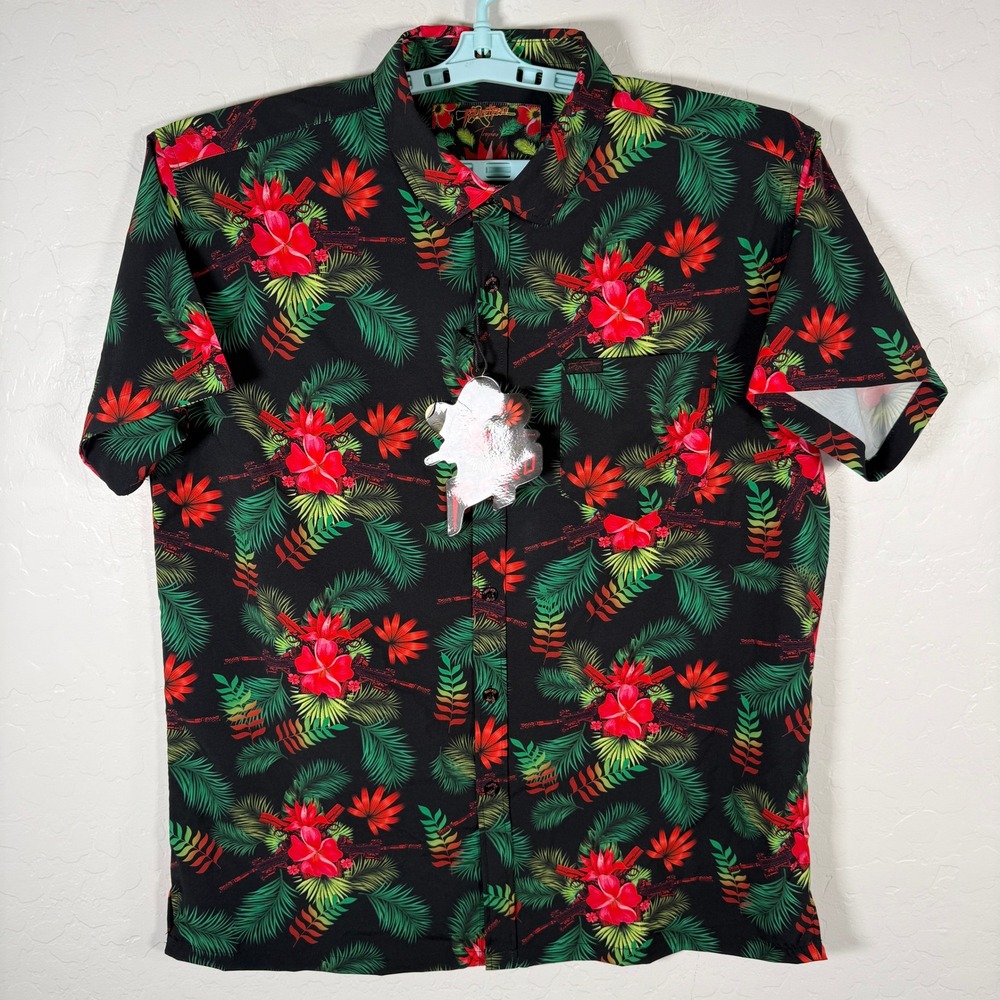 Retro Rifle Shirt Mens Large Black Tropics Button Up Hawaiian Stretch Floral